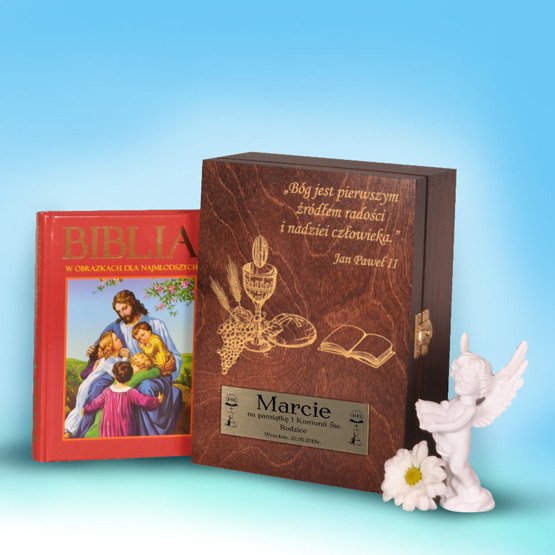 Biblia w drewnianym pudełku- Pamiątka I Komunii Świętej